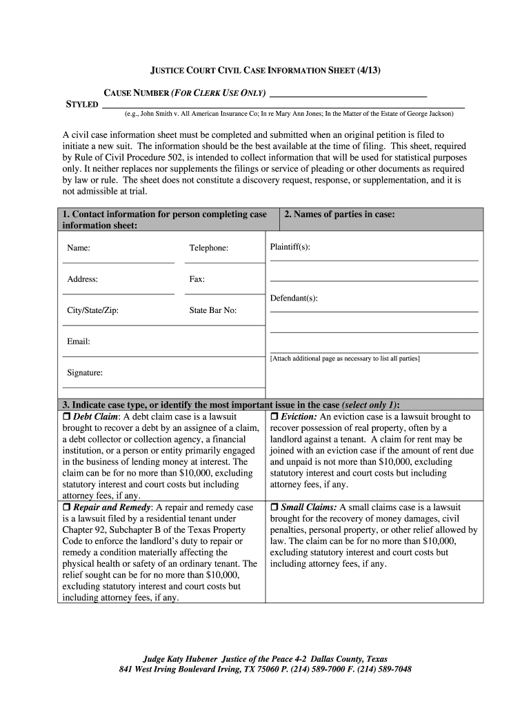 Justice Court Case Information Sheet Fill Online Printable Fillable