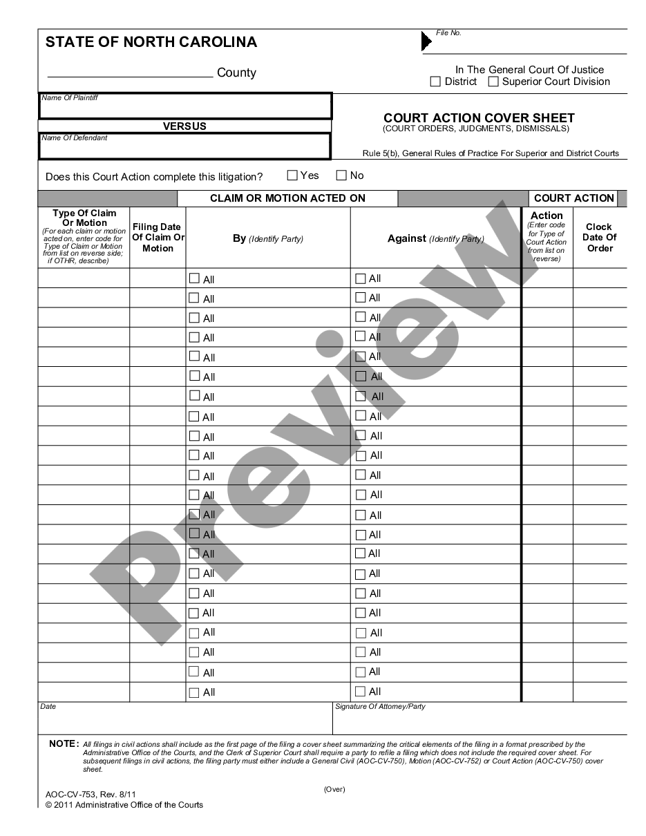 Mecklenburg North Carolina Court Action Cover Sheet