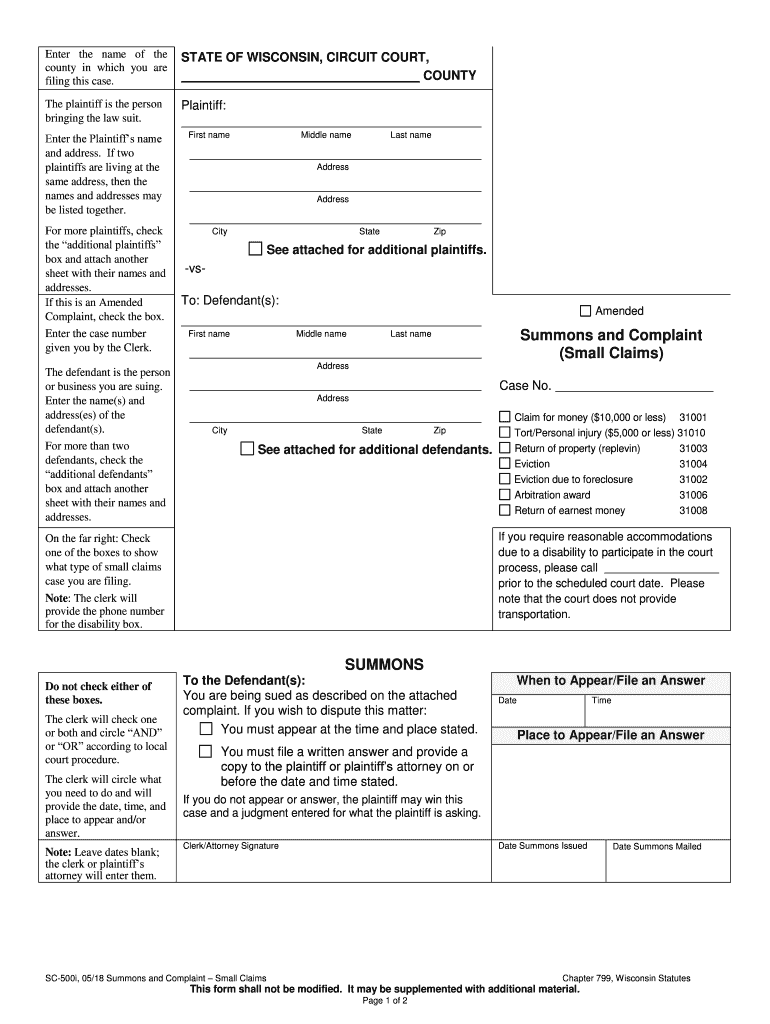 Small Claims Court Forms Wisconsin Fill Out And Sign Printable PDF