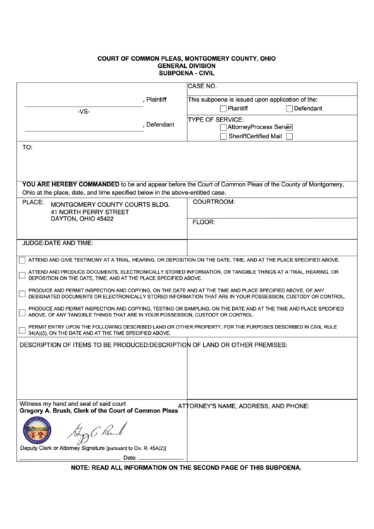 Subpoena Service Form Civil Civil Form 2024