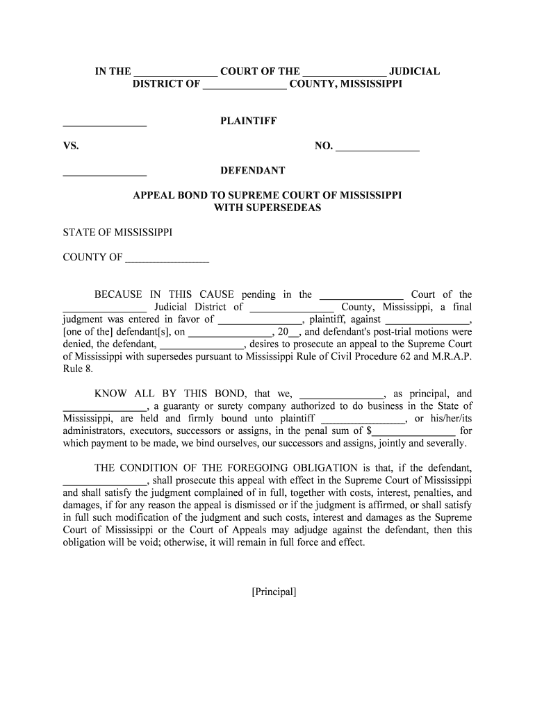 Supreme Court Rules Civil Procedure Forms Appeal Bond Fill Out And
