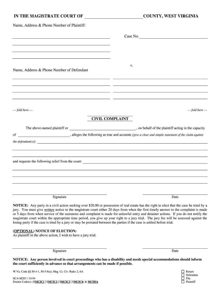 West Virginia Civil Complaint Form Fill Online Printable Fillable